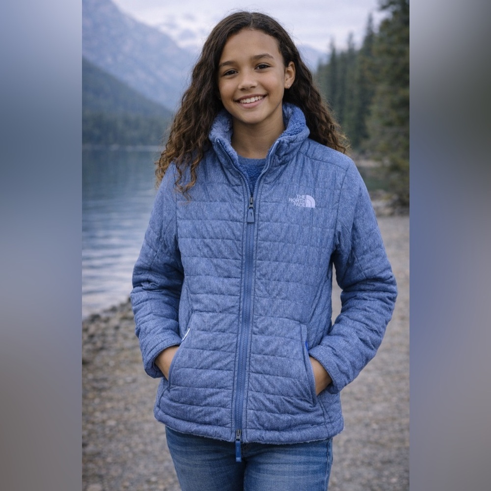 The North Face Girls Reversible Fleece Puffer Jacket Blue L 14/16 Quilted Coat